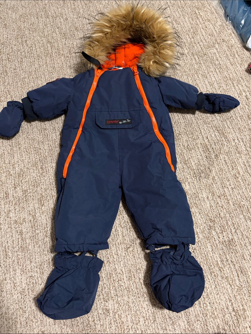 Navy & Orange Insulated Baby Snowsuit with Faux Fur Hood